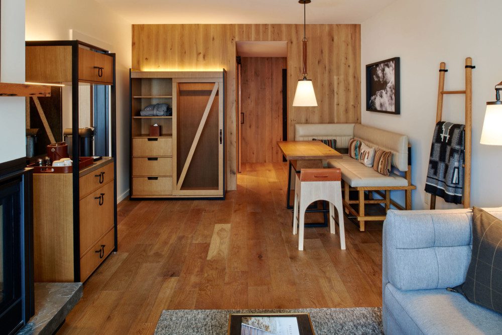 One Bedroom Suite with Balcony Living Room Layout with Fireplace, Sofa Sleeper and Dinning Area