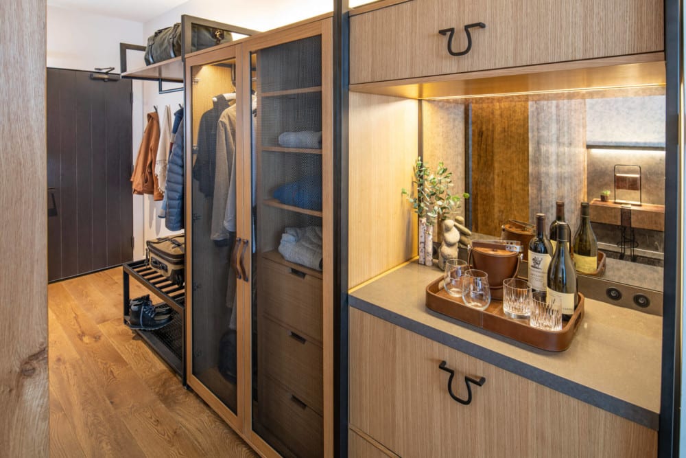 Spacious hotel room with closet.