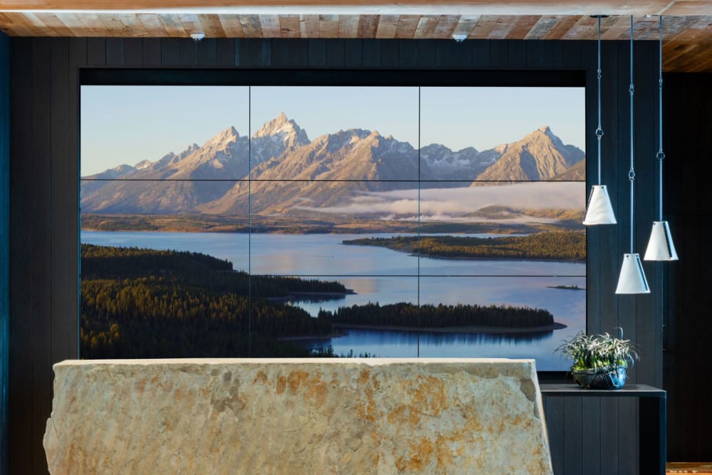 Hotel lobby video screens.