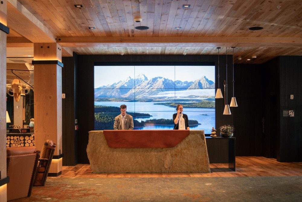 Stone Reception Desk & Custom Leather Desk Blotter.