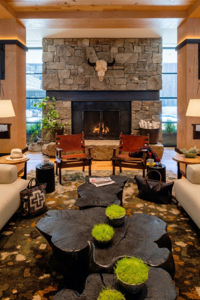 Interior design and fireplace at Cloudveil.