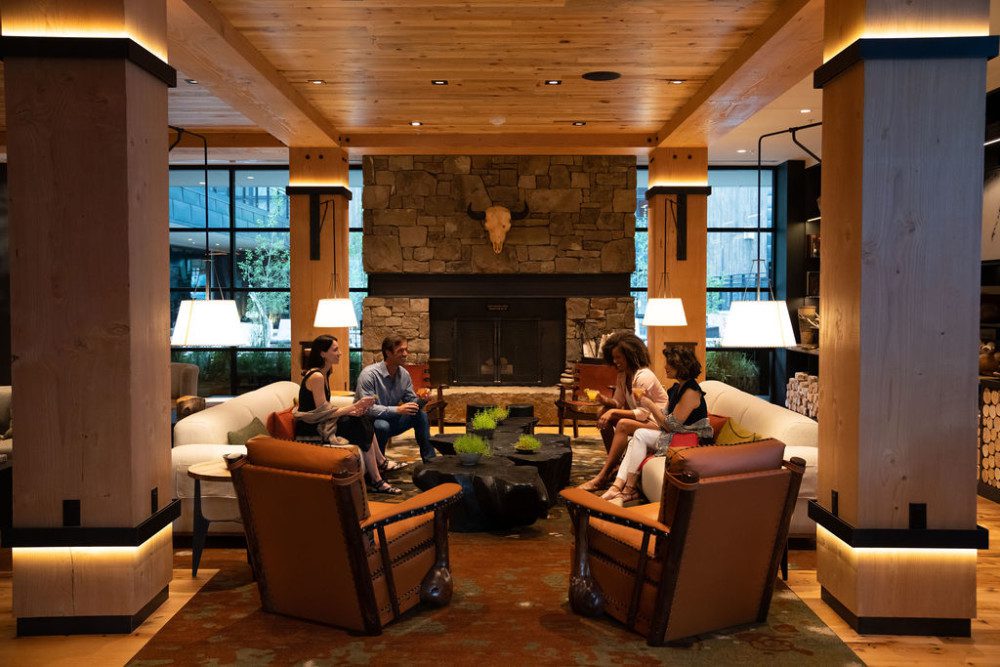 Guests hanging out in the hotel lobby.