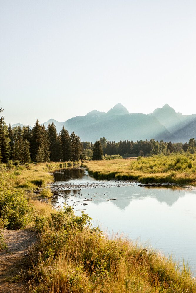 Morning light over the water in Grand Teton National Park